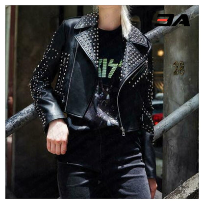 New Handmade Women's Black Fashion Studded Punk Style Leather Jacket - 3A MOTO LEATHER