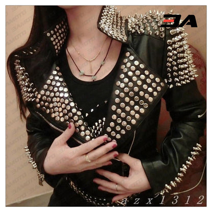 New Handmade Women's Black Fashion Studded Punk Style Leather Jacket - 3A MOTO LEATHER