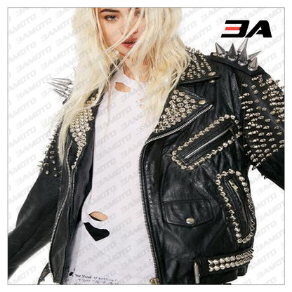 New Handmade Women's Black Fashion Studded Punk Style Leather Stylish Jacket - 3A MOTO LEATHER