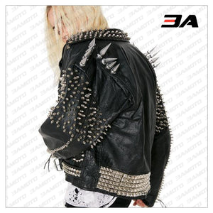 New Handmade Women's Black Fashion Studded Punk Style Leather Stylish Jacket - 3A MOTO LEATHER