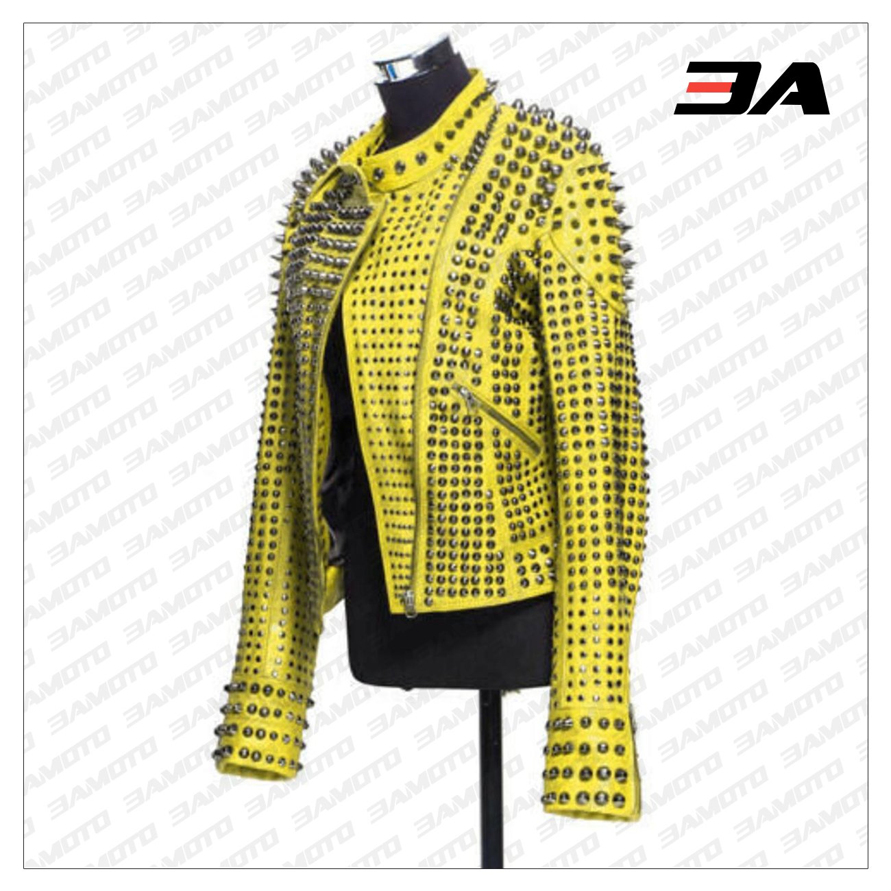 New Handmade Women's Yellow Fashion Studded Punk Style Leather Jacket - 3A MOTO LEATHER