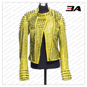 New Handmade Women's Yellow Fashion Studded Punk Style Leather Jacket - 3A MOTO LEATHER