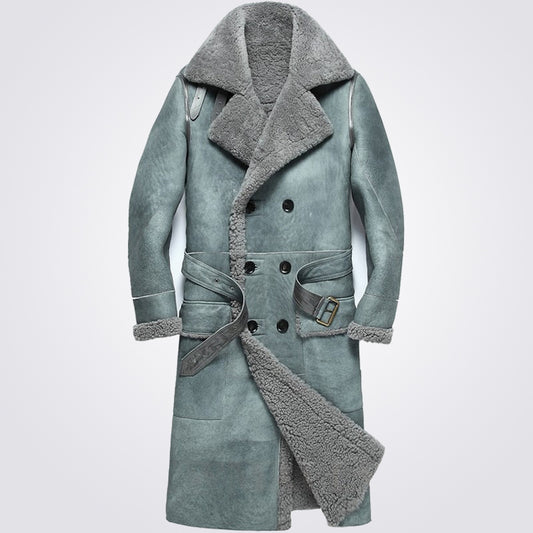 Old Fashioned Double Breasted Sheepskin Trench Coat for Men - 3amoto shop