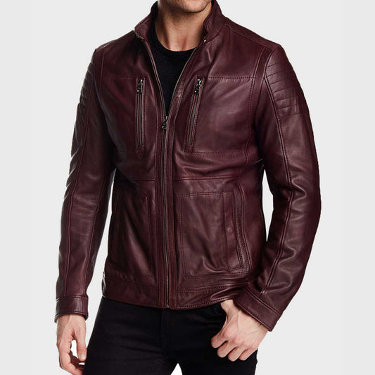 Oliver Maroon Aviator Cafe Racer Jacket - Fashion Leather Jackets USA - 3AMOTO