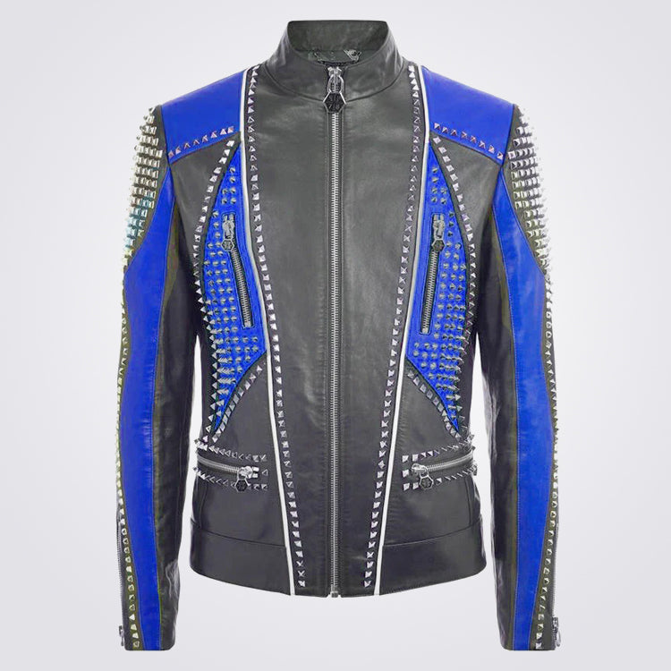 Plein Two Tone Blue Black Leather Jacket for Men