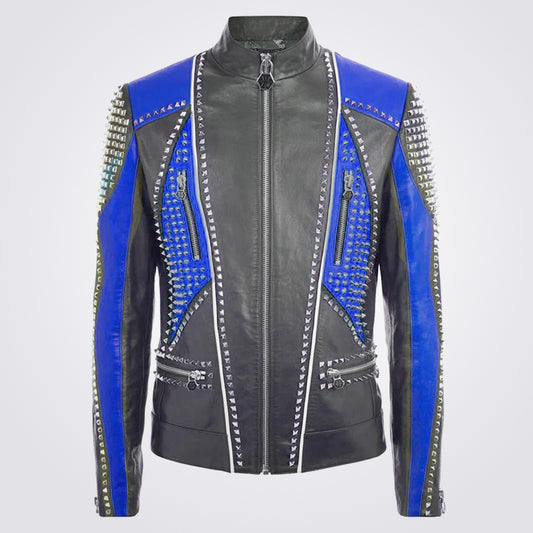 Plein Two Tone Blue Black Leather Jacket for Men - 3amoto shop