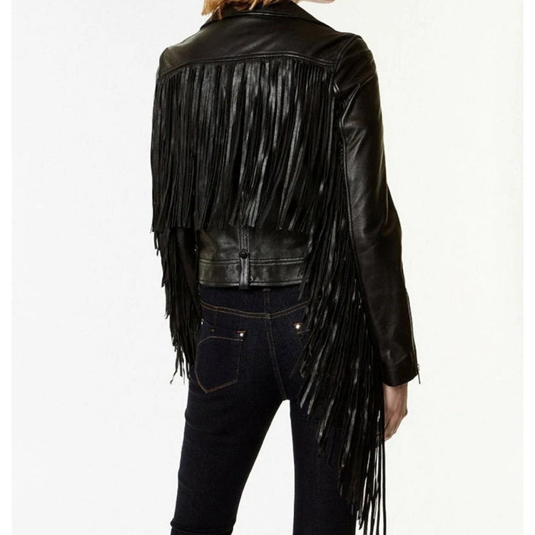 Premium Quality Lambskin Leather Fringe Biker Jacket for Women's