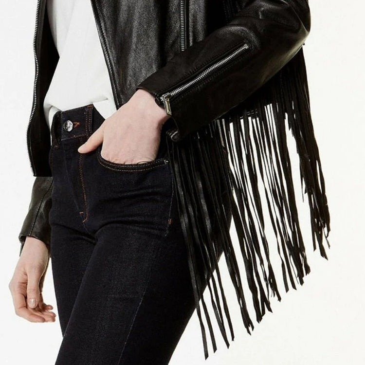 Premium Quality Lambskin Leather Fringe Biker Jacket for Women's