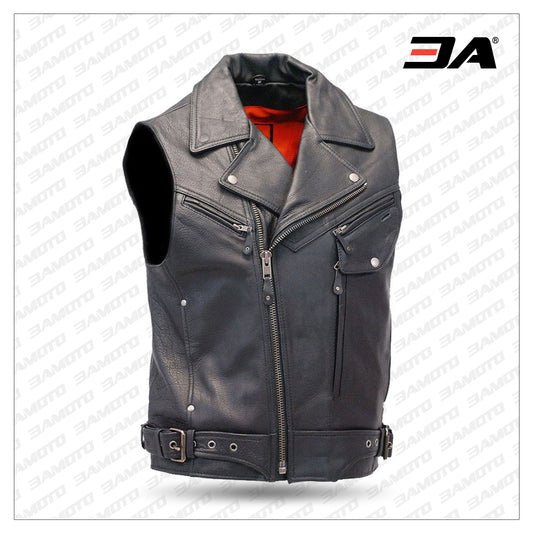 Premium Vented Sleeveless Leather Motorcycle Vest - Fashion Leather Jackets USA - 3AMOTO