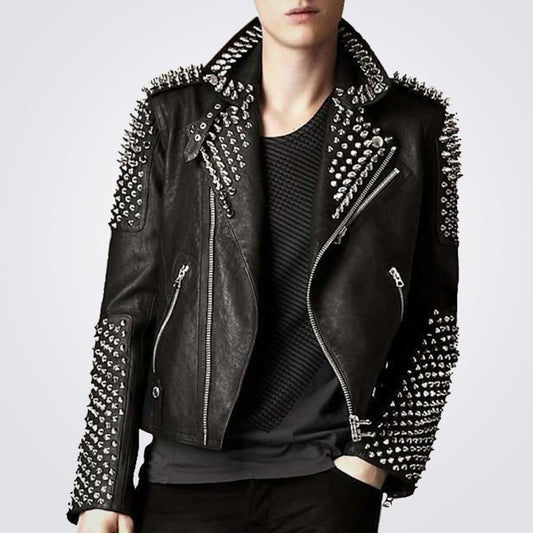 Punk Men's Genuine Leather Jacket with Silver Spikes - Fashion Leather Jackets USA - 3AMOTO