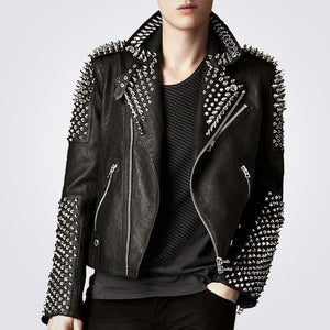Punk Men's Genuine Leather Jacket with Silver Spikes