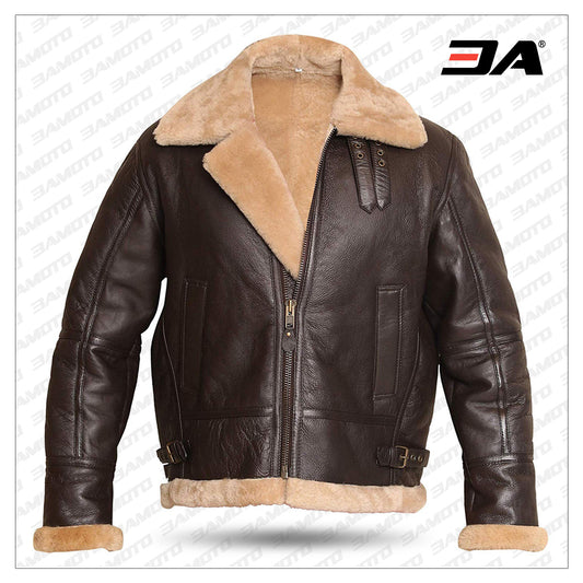 RAF Aviator Bomber Real Shearling Real Sheepskin Brown Leather Jacket, classic and warm aviator style. - Fashion Leather Jackets USA - 3AMOTO