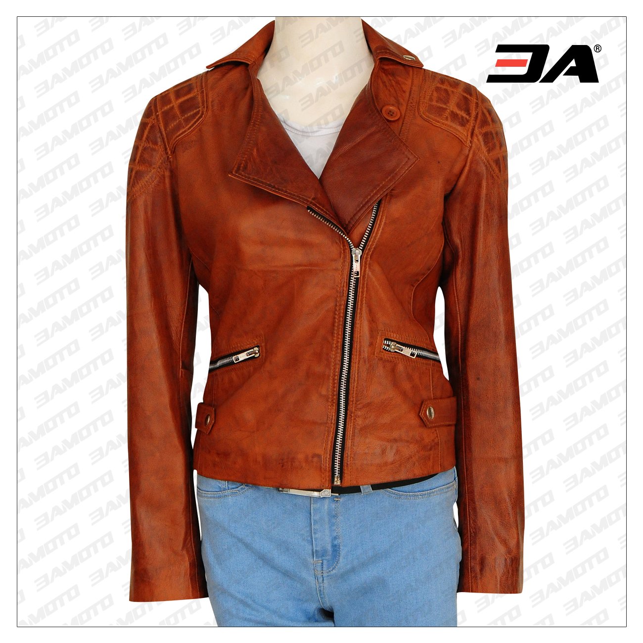 A front view of a retro brown women jacket, featuring a vintage design with detailed stitching and high-quality leather.