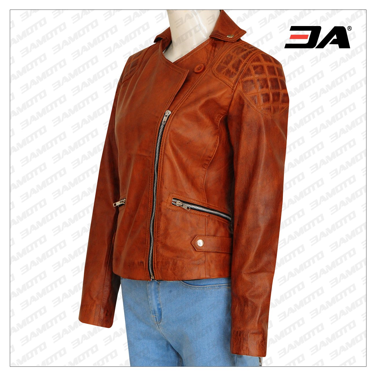 Side view of a retro brown women jacket on a hanger, showing its smooth leather texture and retro design elements.