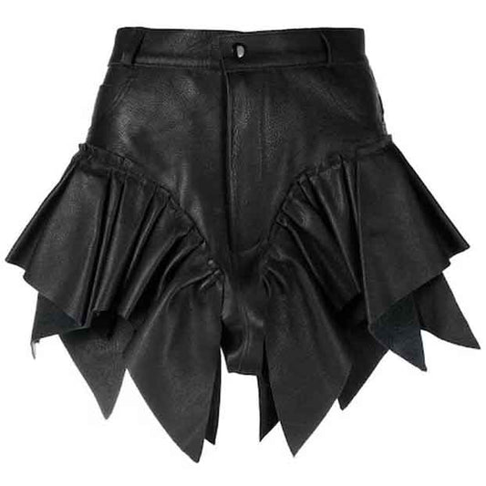 Ruffled Style Frilled Leather Shorts For Women - Fashion Leather Jackets USA - 3AMOTO