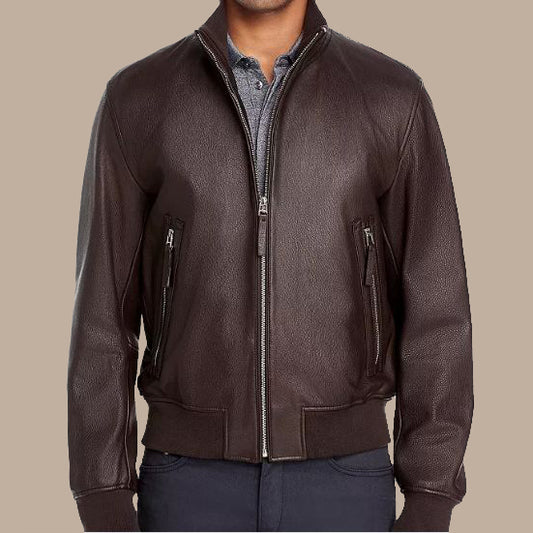 Seamless Brown Bomber Leather Jacket For Men, sleek and stylish design. - 3amoto shop