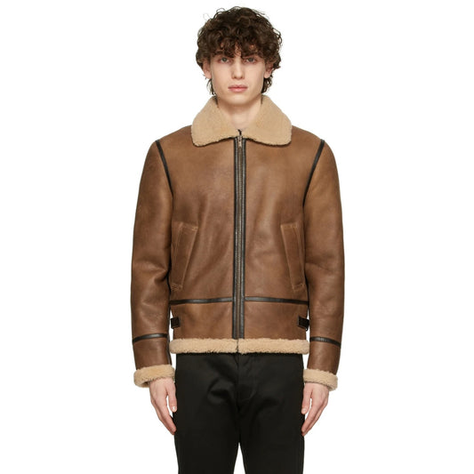 Mens Tan Shearling Aviator Jacket - Fashion Leather Jackets USA - 3AMOTO