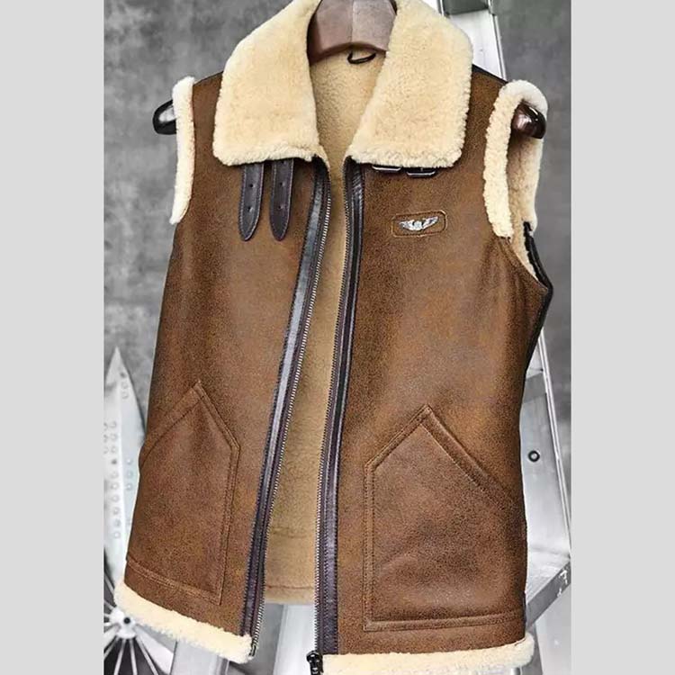 Mens Camel Brown Leather Shearling Vest