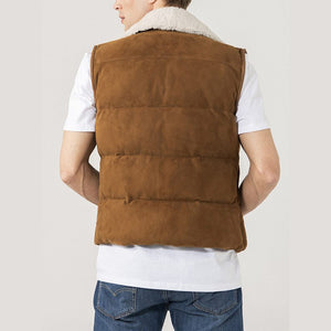 Shearling Collar Brown Suede Leather Vest For Mens