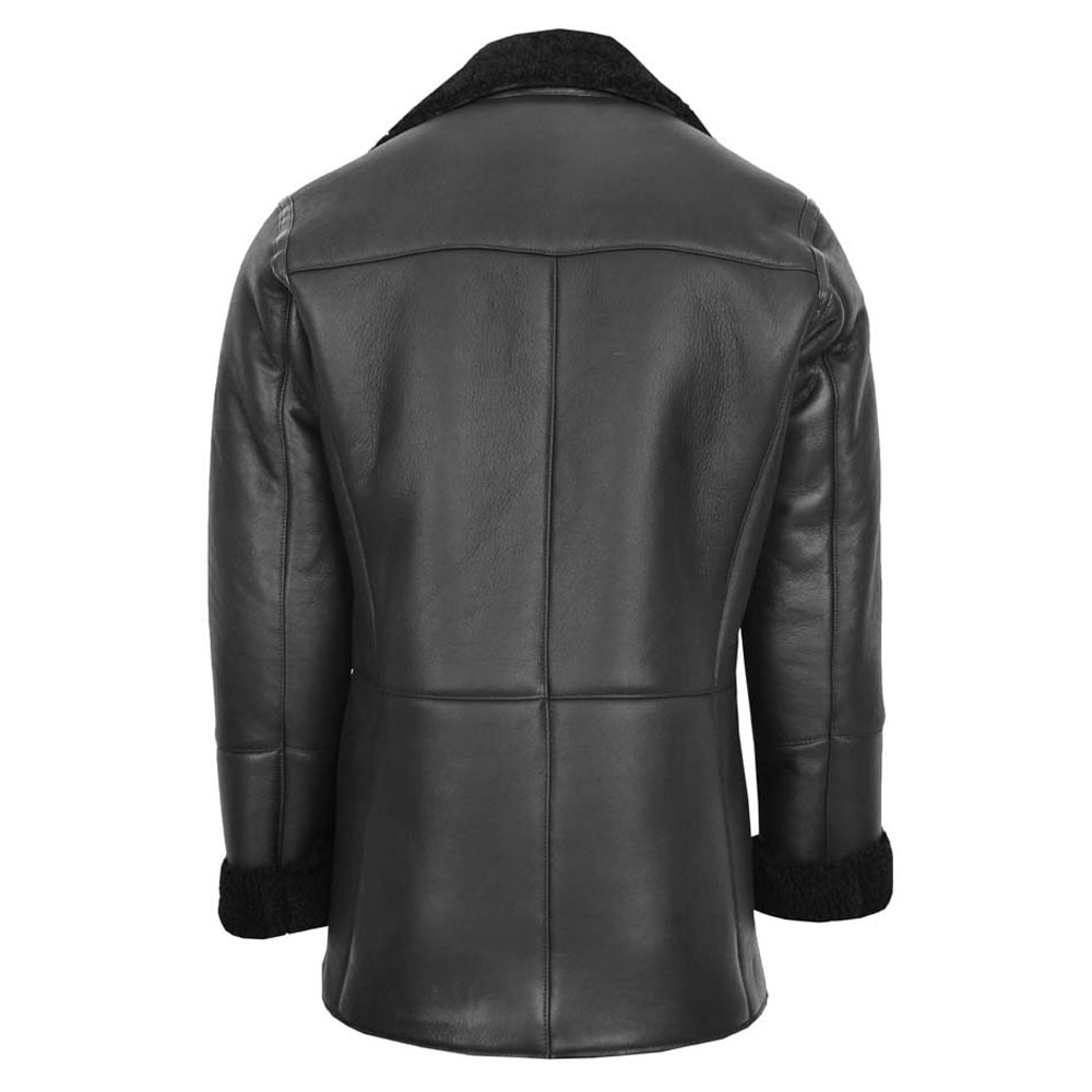 Mens Black Double Breasted Shearling Sheepskin Coat 9342