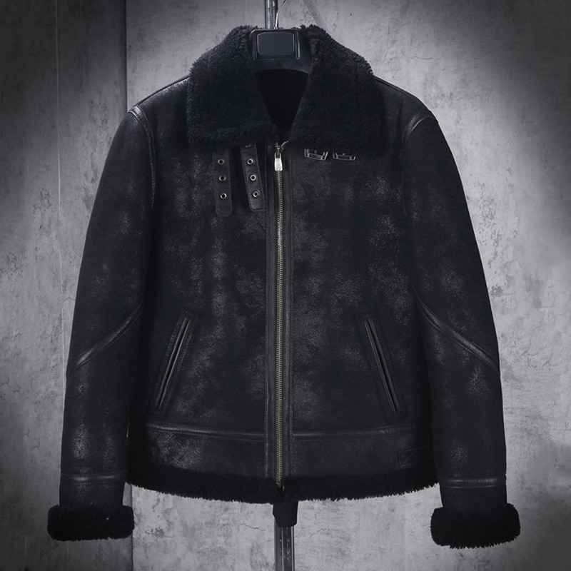 Shearling Sheepskin Real Leather Fur Coat male B3 Bomber Jacket Aviator Outerwear