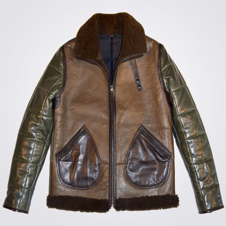 Sheepskin Coat in Brown and Green with Quilted Style