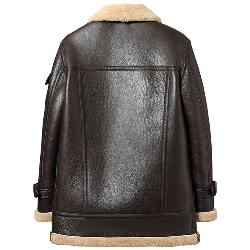 Brown Nothced Lapel Long Shearling Coat for Men