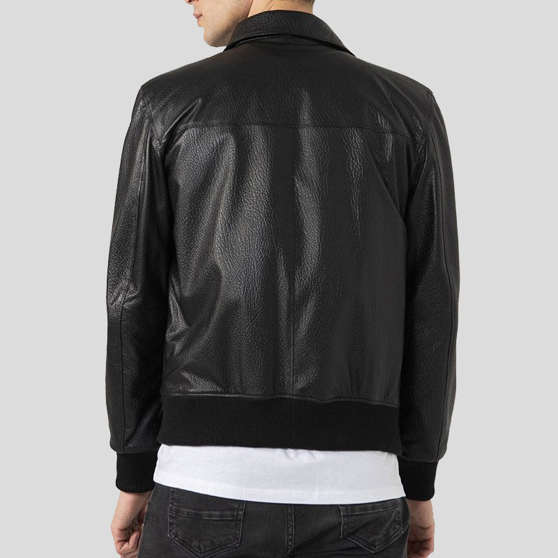 Black Leather Bomber Jacket w/Mandarin Collar #M511ZK - Jamin Leather®