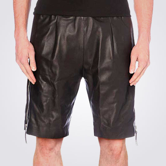 Side Zipper Black Leather Shorts For Men - 3amoto shop