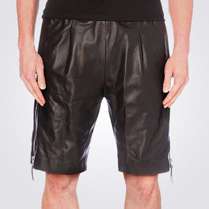 Side Zipper Black Leather Shorts For Men