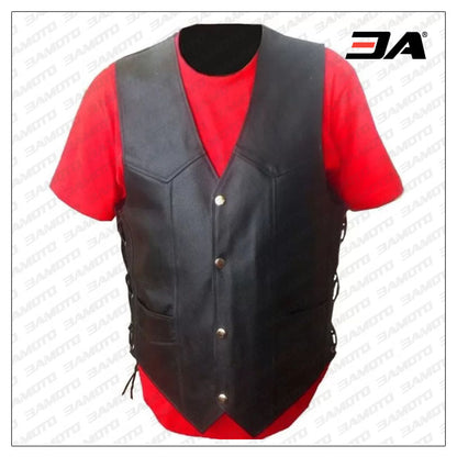 Side Laced Up Black Genuine Leather Biker Vest for Men