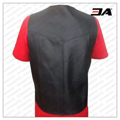 Side Laced Up Black Genuine Leather Biker Vest for Men