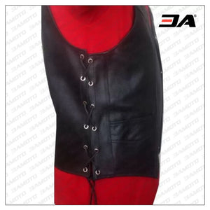 Side Laced Up Black Genuine Leather Biker Vest for Men