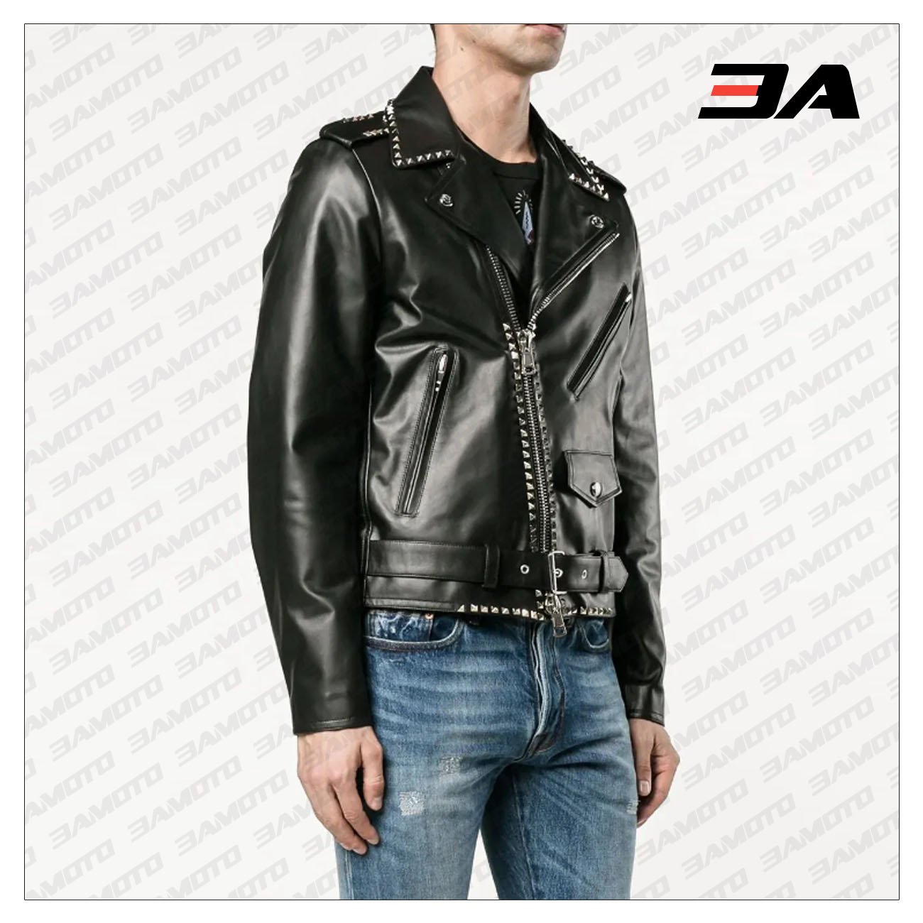 Silver Studded Leather Black Biker Jacket - 3A MOTO LEATHER