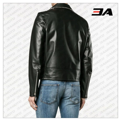 Silver Studded Leather Black Biker Jacket - 3A MOTO LEATHER