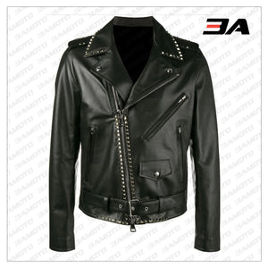Silver Studded Leather Black Biker Jacket - 3A MOTO LEATHER