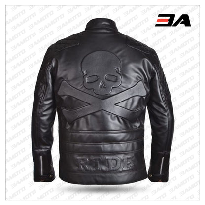 Men's skull and crossbones leather jacket with bold and unique design, perfect for a daring look