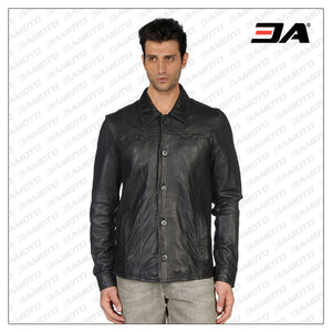 Square Neck Lined Leather Shirt For Men