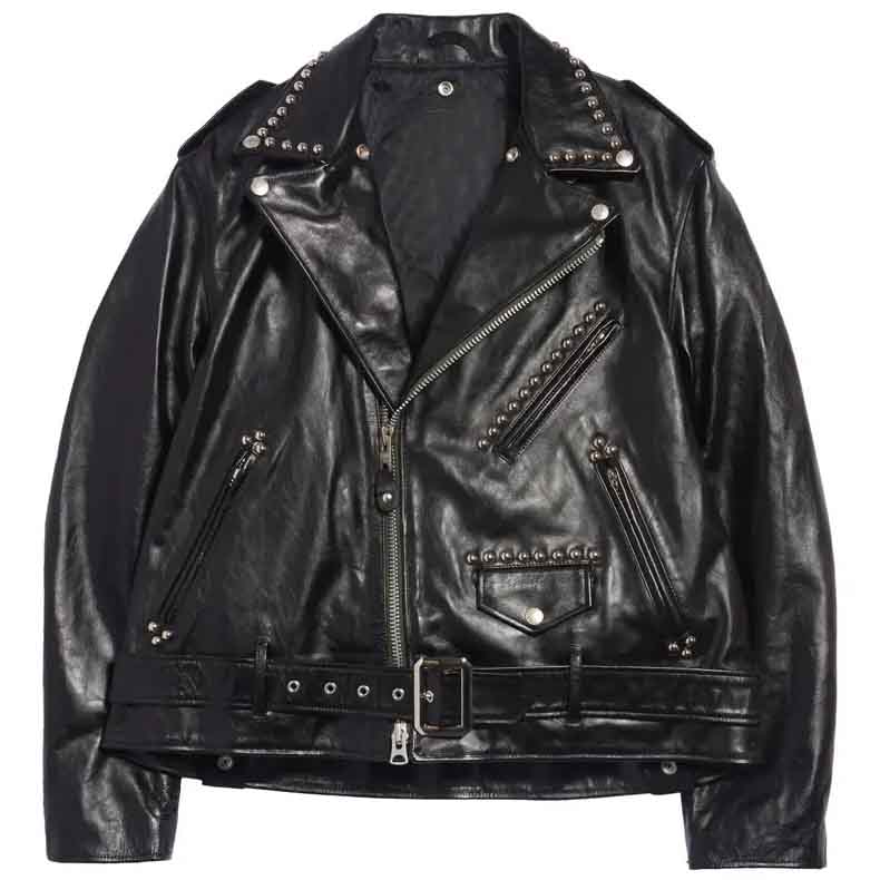 Studded Leather Moto Jacket for Men with Belt