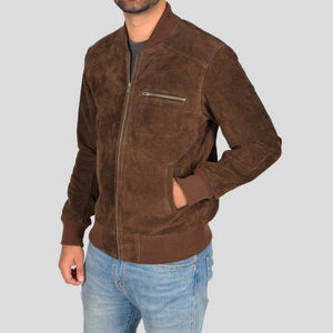 Suede Leather Bomber Jacket Chocolate Brown For Men