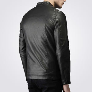 Tab Collar Leather Biker Jacket for Men with Studs