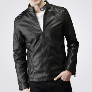 Tab Collar Leather Biker Jacket for Men with Studs