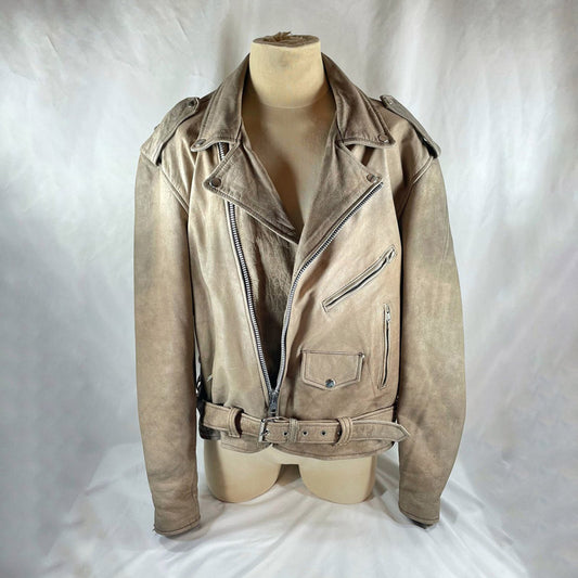 Tan Leather Biker Jacket 1980's Unisex - Fashion Leather Jackets USA - 3AMOTO