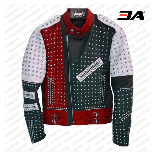 Unique Design Full Studded Biker Leather Coat Jacket Multicolor Custom Made - 3A MOTO LEATHER - Fashion Leather Jackets USA - 3AMOTO