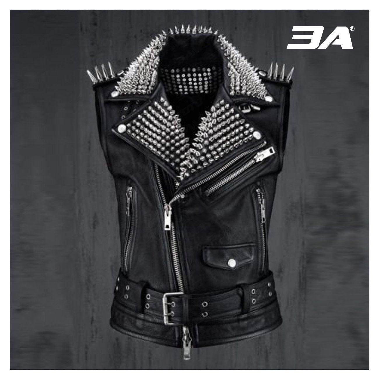 VEST JACKET HANDMADE Men Black Punk Silver Long Spiked Studded Leather Buttons Up Vest Silver Studs and Spikes Black Leather Studs Spike - 3A MOTO LEATHER