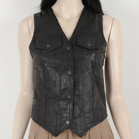 Vintage 90s Women Black Real Leather Vest - Fashion Leather Jackets USA - 3AMOTO