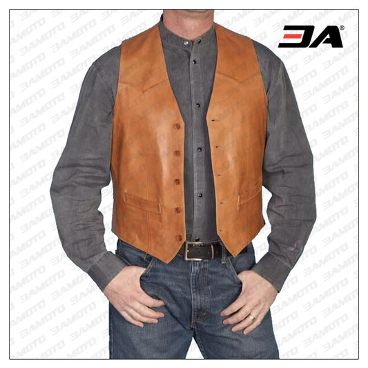 Vintage Style Mens Tan Brown Leather Vest - 3amoto shop
