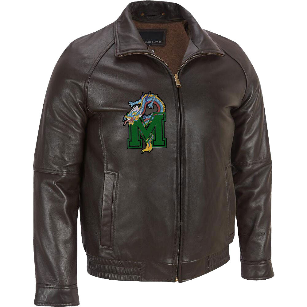 Wilsons Leather Contemporary Lamb Bomber Jacket with Dragon Embroidery, stylish and unique design.