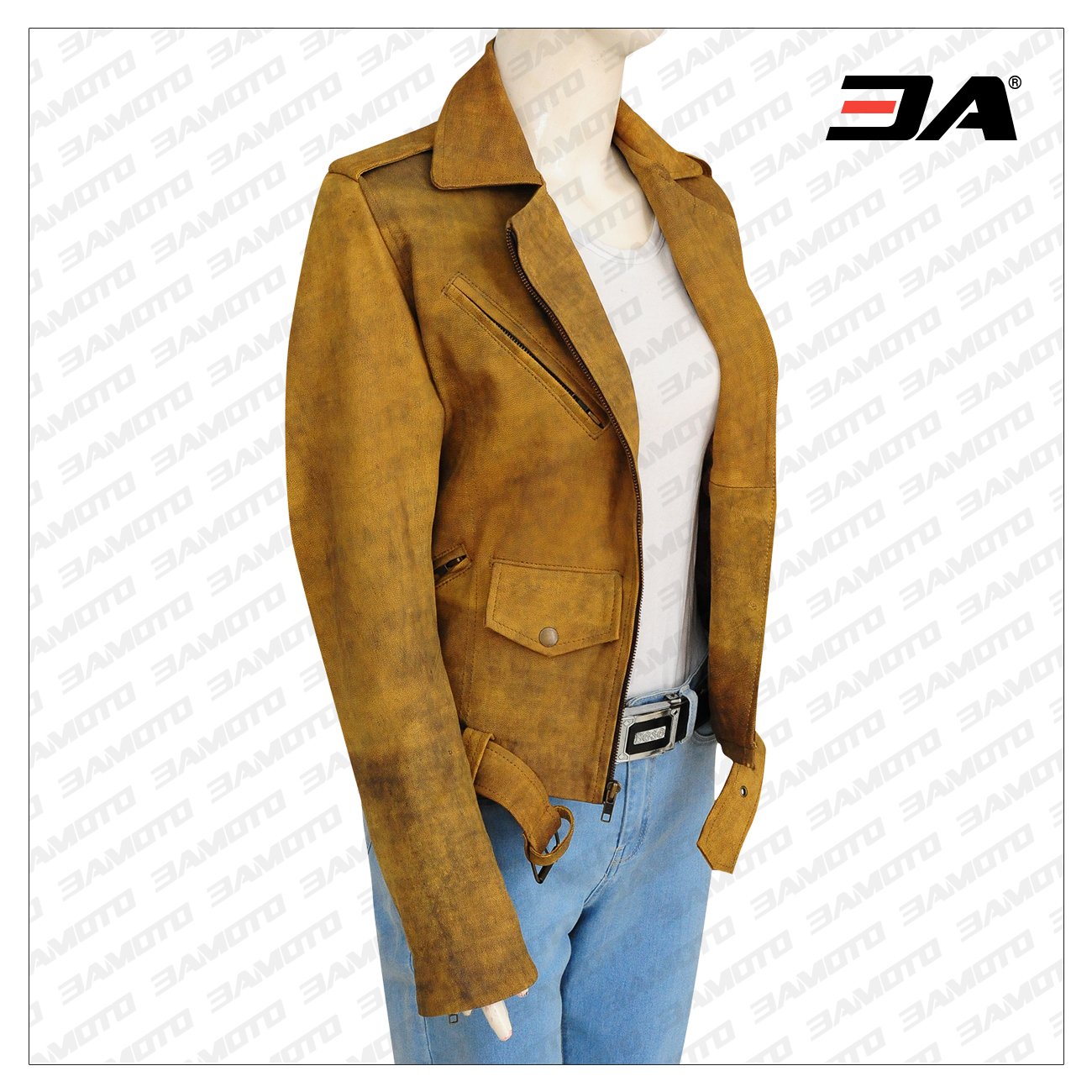 Rugged Women's Outerwear: A woman wearing the distressed brown leather jacket, highlighting its comfortable fit and timeless appeal.