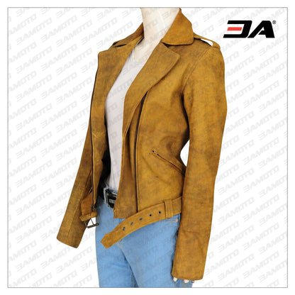 Brown Leather Fashion Jacket: The jacket paired with casual and dressed-up outfits, demonstrating its versatility and classic style.